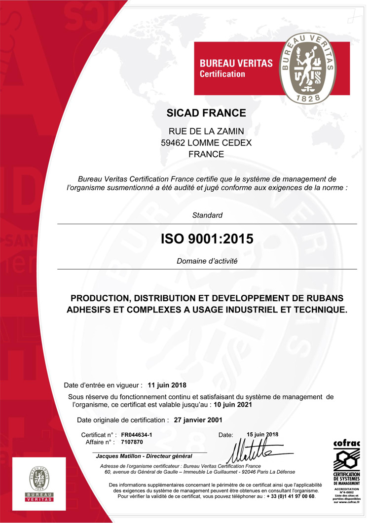 SICAD est certifié ISO 9001 : 2015